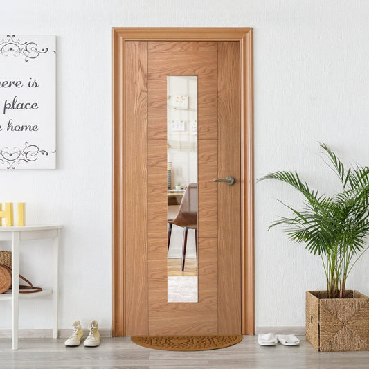 A wooden internal door with a glass panel