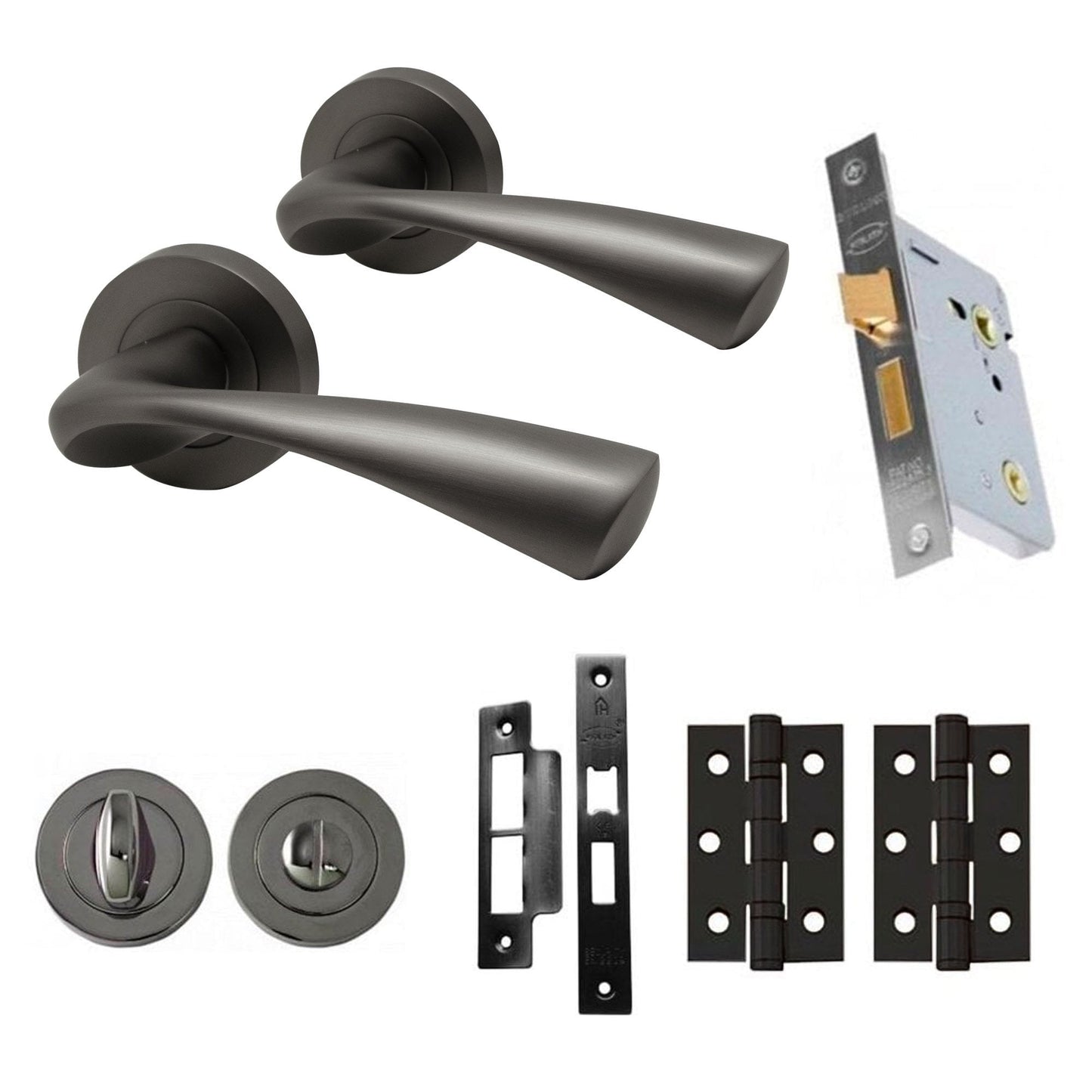 Truro Internal Bathroom Lever Handle On Round Rose Latch Pack, Gun Metal Grey (107886)