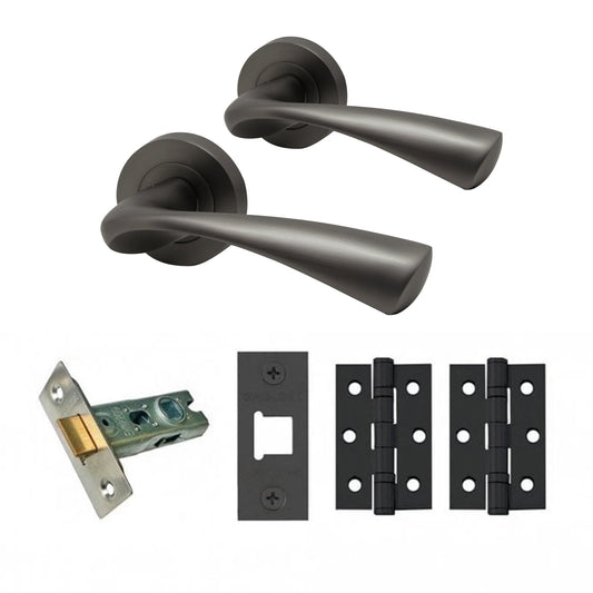 Truro Internal Lever Handle On Round Rose Latch Pack, Gun Metal Grey (107887)