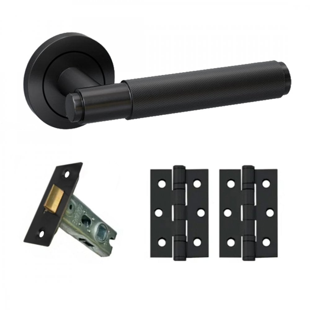 Knurled Internal Lever Handle On Round Rose Latch Pack, Matt Black (116757)