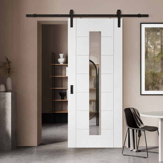 White Internal Primed Pedrena 7 Panel 1 Light Clear Glass Sliding Door - Black Face Mounted (120000)