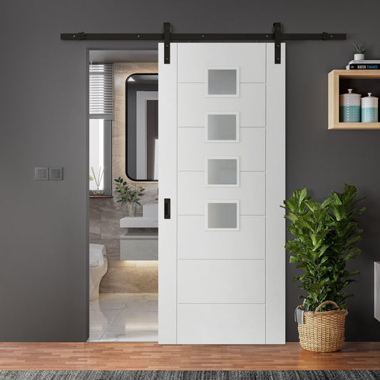 White Internal Primed Pedrena 7 Panel 4 Light Obscure Glass Sliding Door - Black Face Mounted (120001)