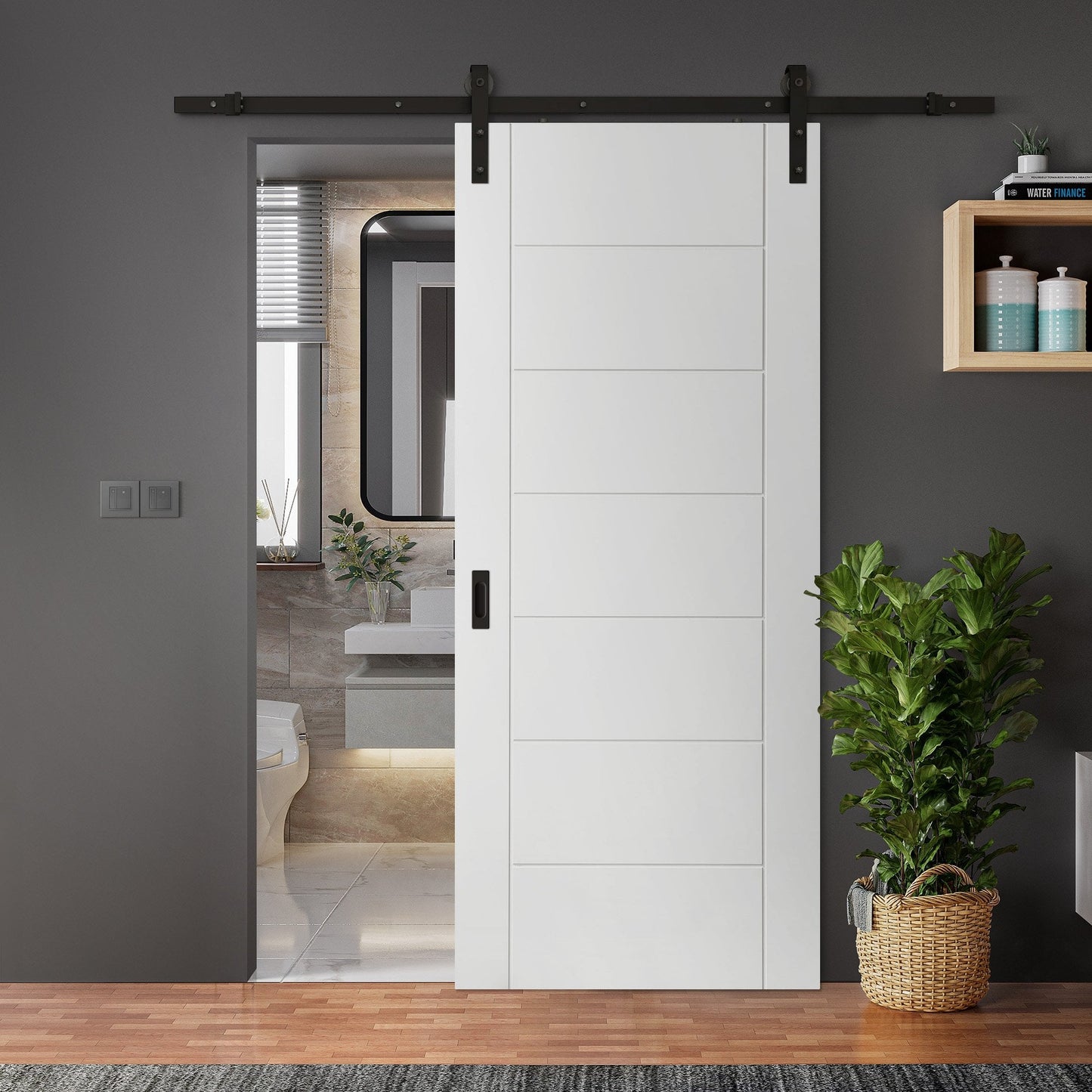 White Internal Primed Pedrena 7 Panel Sliding Door - Black Face Mounted (120002)
