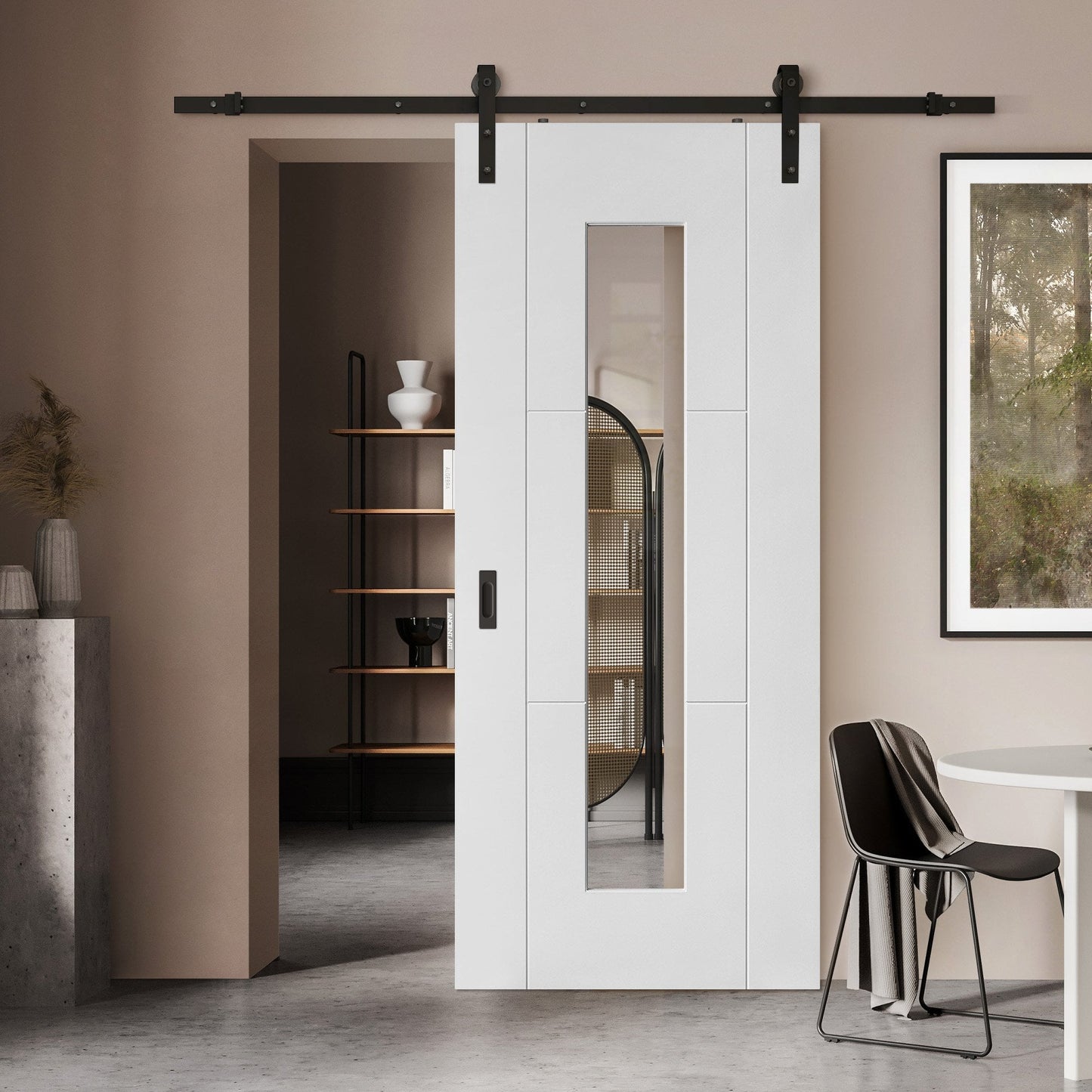 White Internal Primed Trent 3 Panel 1 Light Clear Glass Sliding Door - Black Face Mounted (120010)