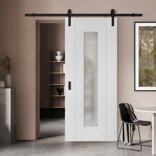 White Internal Primed Trent 3 Panel 1 Light Obscure Glass Sliding Door - Black Face Mounted (120011)