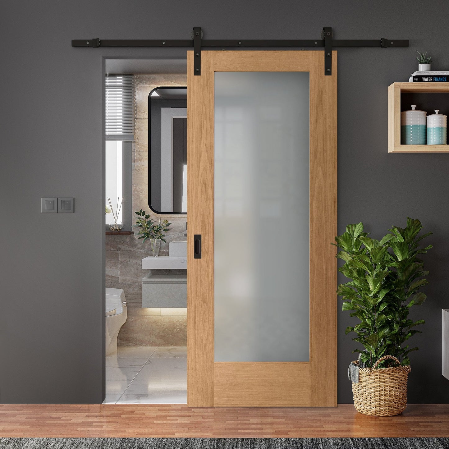 Oak Internal Unfinished Pattern 10 1 Light Obscure Glass Sliding Door - Black Face Mounted (119946)