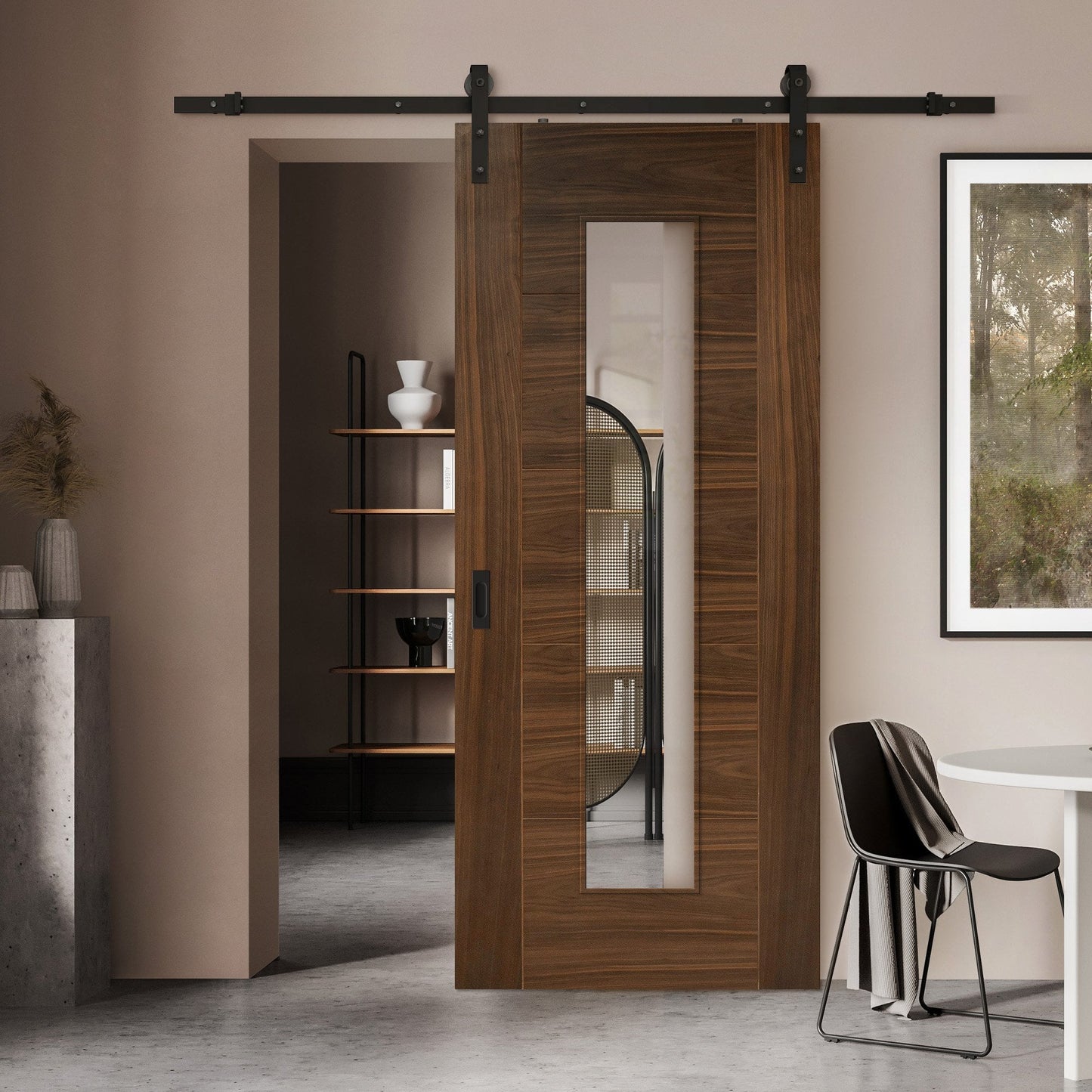 Walnut Internal Fully Finished Milano 1 Light Clear Glass Sliding Door - Black Face Mounted (119965)
