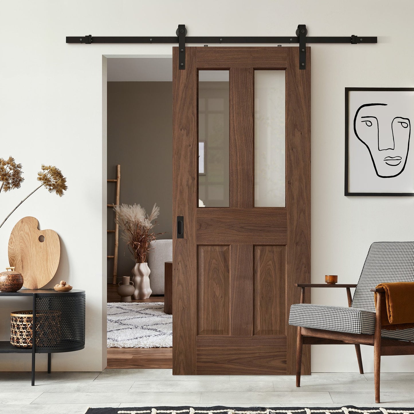 Walnut Internal Fully Finished Victorian 1 Light Sliding Door - Black Face Mounted (119967)