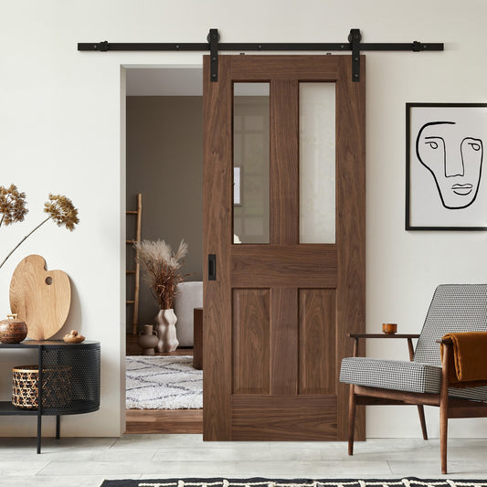 Walnut Internal Fully Finished Victorian 1 Light Sliding Door - Black Face Mounted (119967)