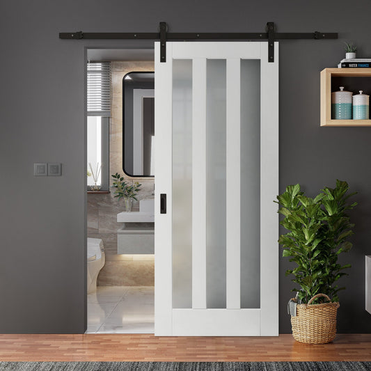 White Internal Primed Ashton 3 Light Obscure Glass Sliding Door - Black Face Mounted (119974)