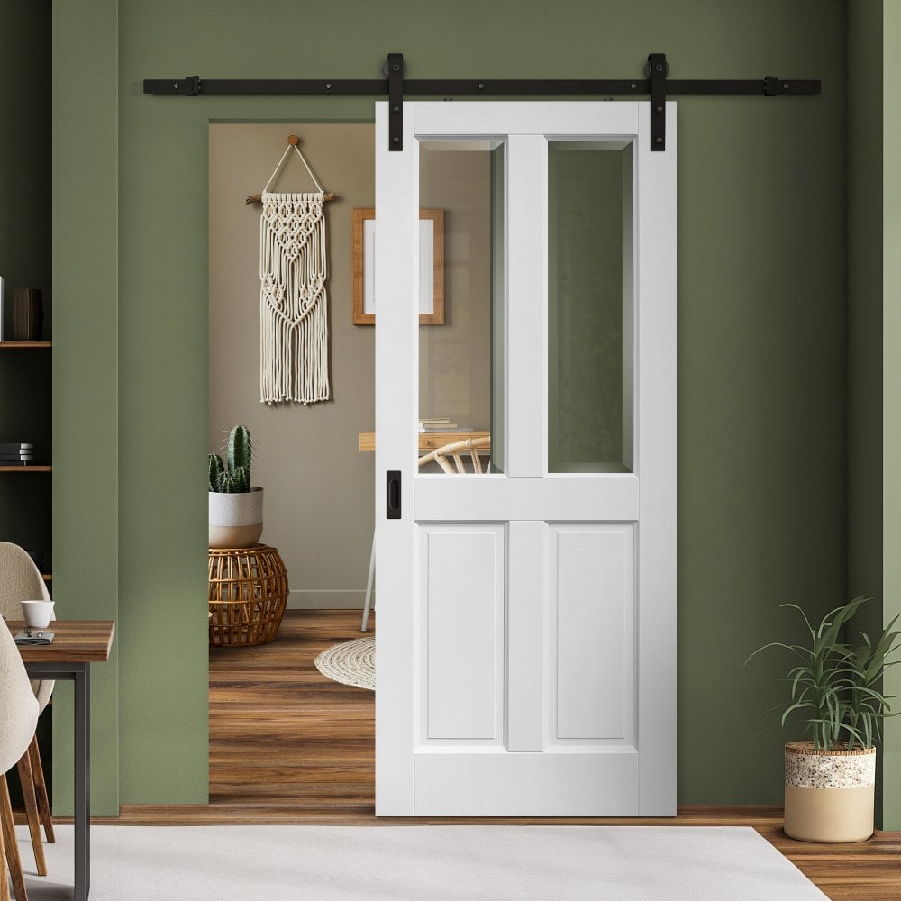 White Internal Primed Berkeley 4 Panel 2 Light with Clear Bevelled Glass Sliding Door - Black Face Mounted (119978)