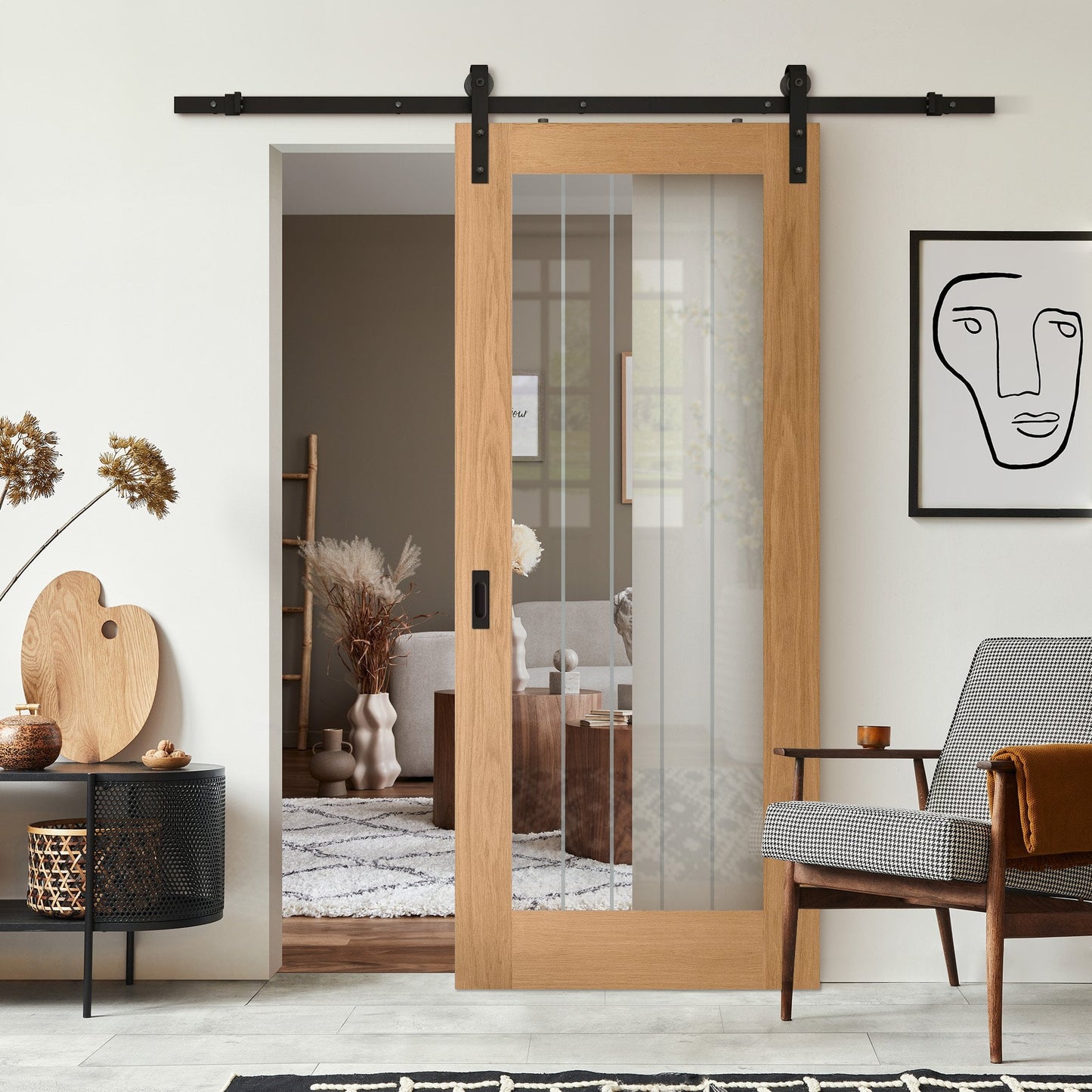 Oak Internal Fully Finished Farley 1 Light Obscure Lined Clear Glass Sliding Door - Black Face Mounted (119926)