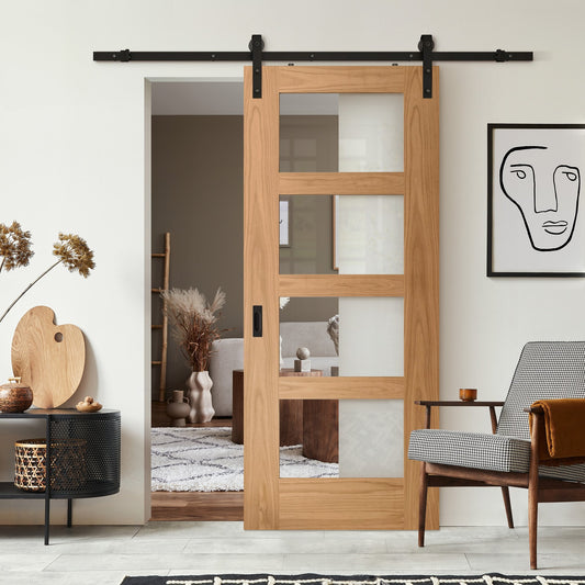 Oak Internal Unfinished Shaker 4 Light Clear Glass Sliding Door - Black Face Mounted (119948)