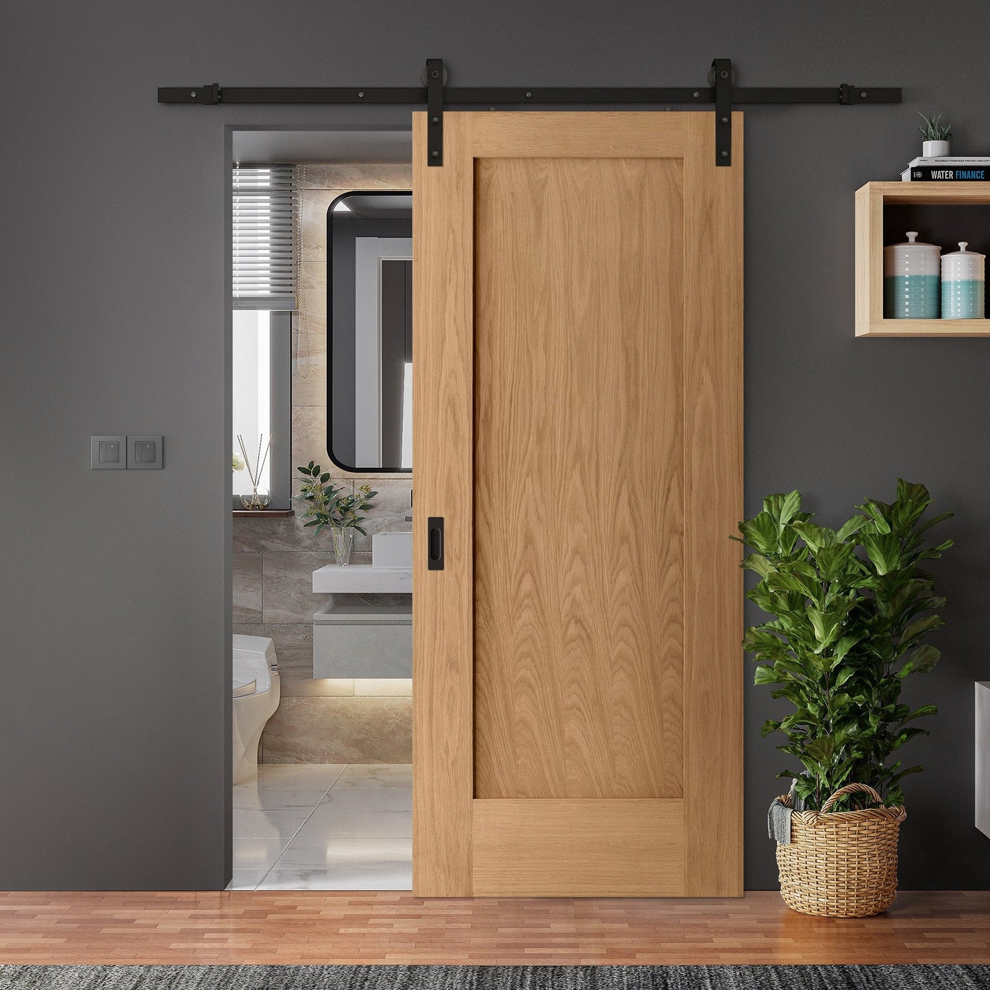 Oak Internal Unfinished Pattern 10 1 Panel Sliding Door - Black Face Mounted (119947)