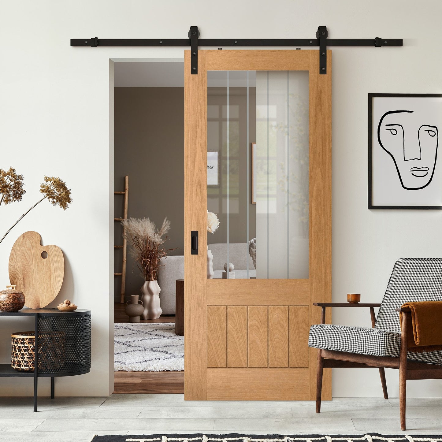 Oak Internal Fully Finished Farley 1 Panel 1 Light Obscure Lined Clear Glass Sliding Door - Black Face Mounted (120579)