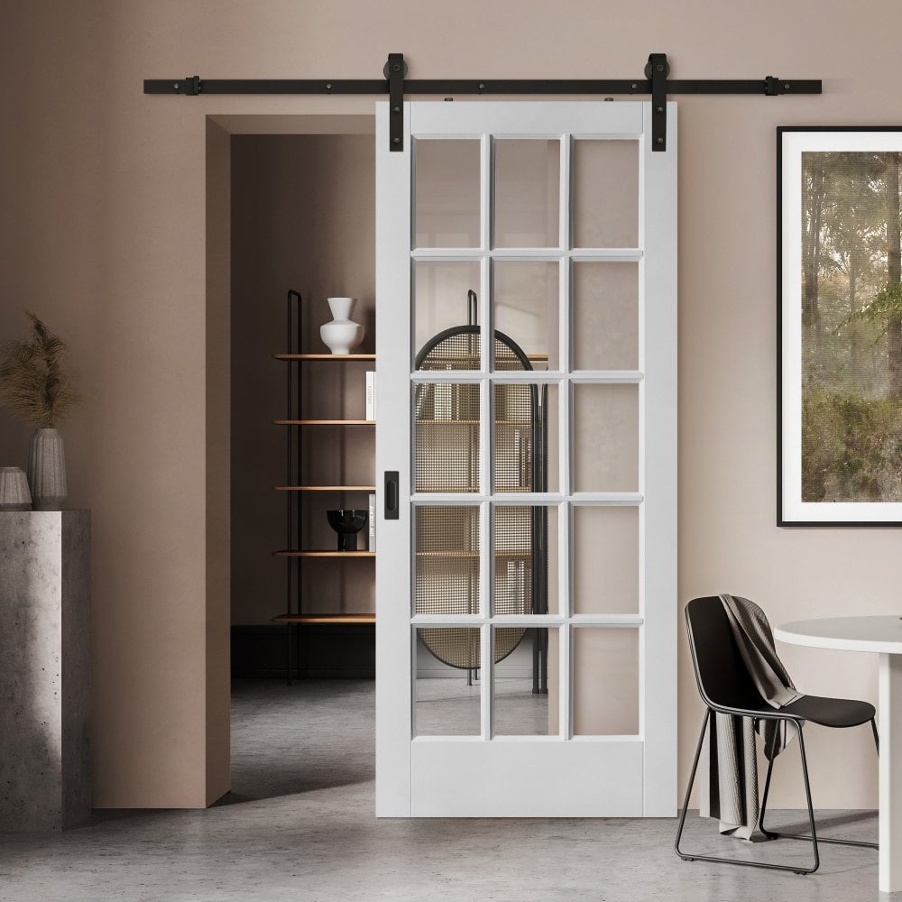 White Internal Primed SA 15L Clear Glass Sliding Door - Black Face Mounted (120412)