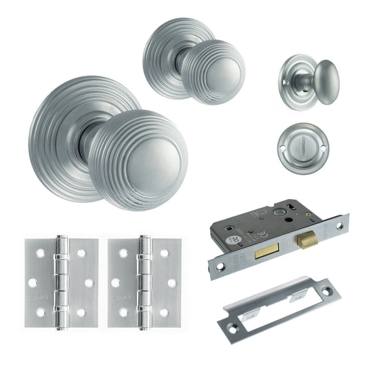 Ripon Round Reeded Mortice Bathroom Door Knob Set - Satin Chrome (120426)