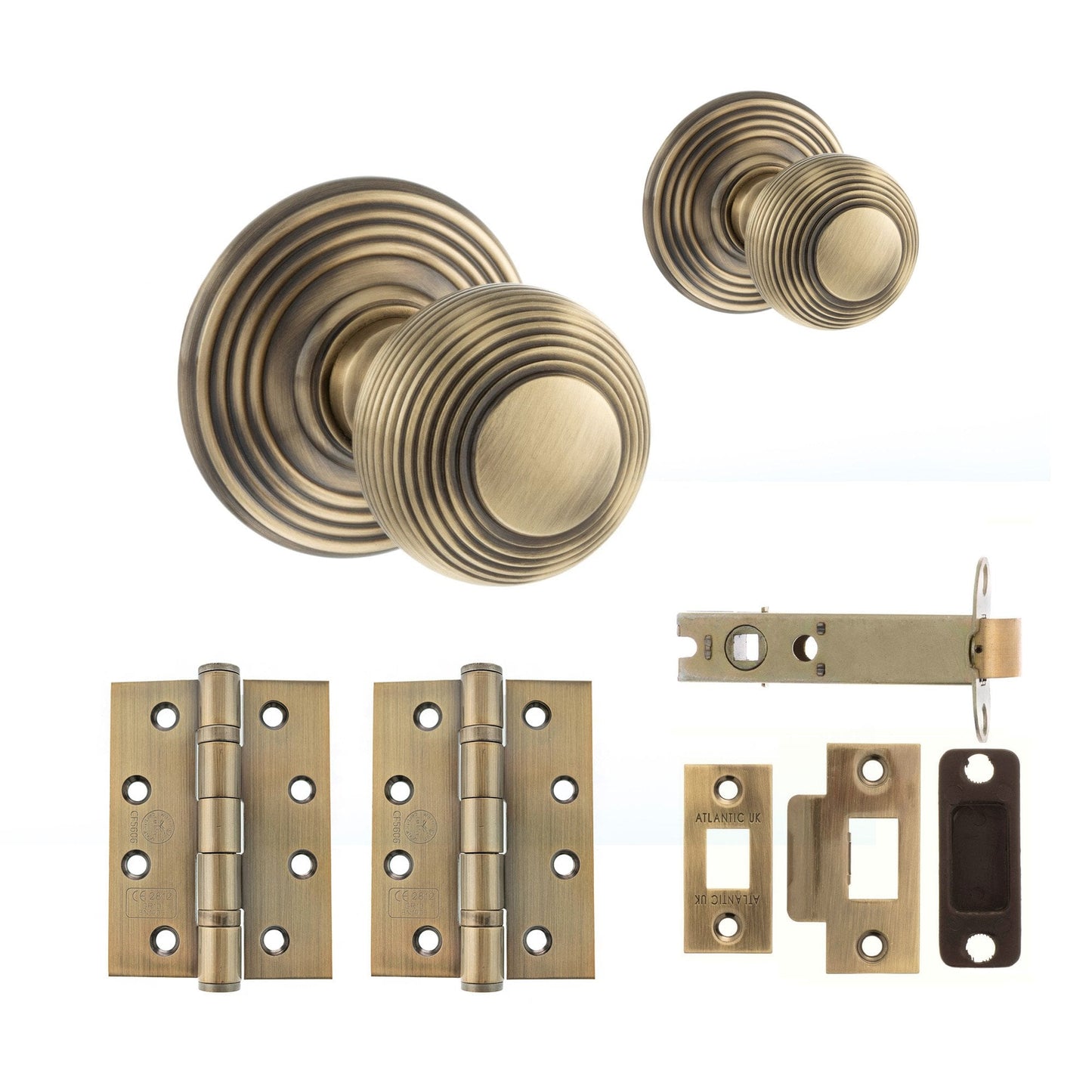 Ripon Round Reeded Mortice CE13 Fire Door Knob Set - Antique Brass (120424)