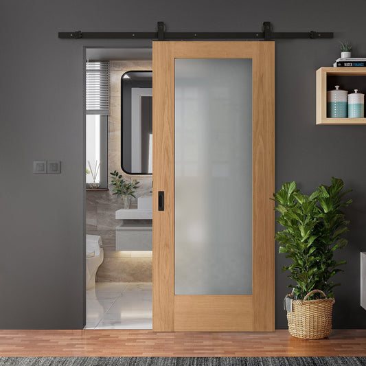 Oak Internal Unfinished Pattern 10 1 Light Obscure Glass Sliding Door - Black Top Mounted (120665)