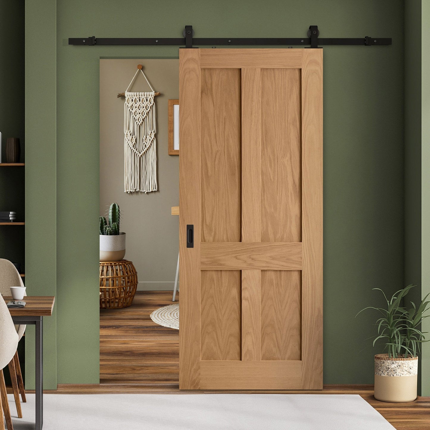 Oak Internal Unfinished Victorian 4 Panel Flat Sliding Door - Black Top Mounted (120678)