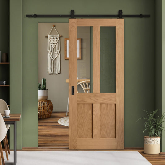 Oak Internal Unfinished Victorian Shaker 2 Panel 2 Light Clear Glass Sliding Door - Black Top Mounted (120679)