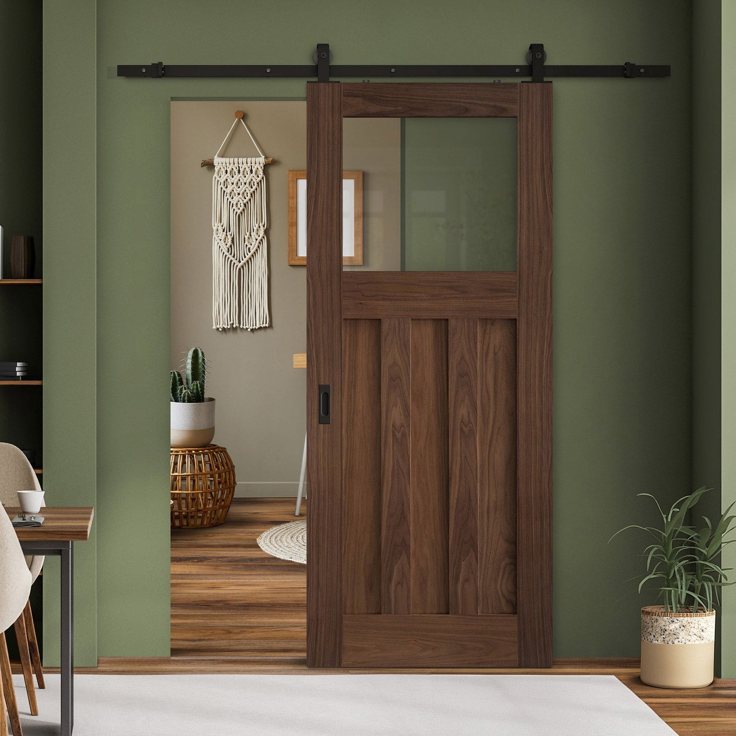 Walnut Internal Fully Finished Clear Glass DX Sliding Door - Black Top Mounted (120682)