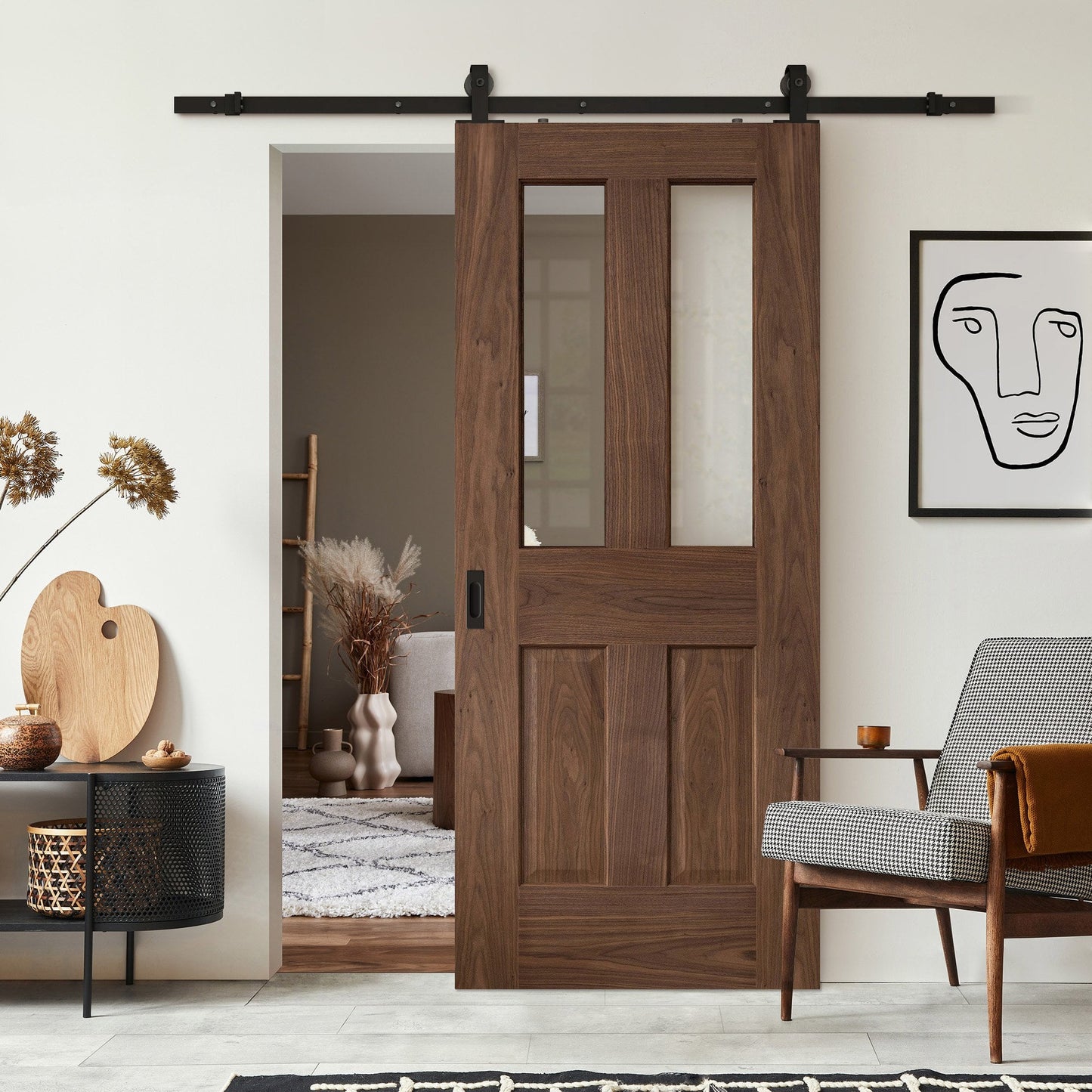 Walnut Internal Fully Finished Victorian 1 Light Sliding Door - Black Top Mounted (120687)