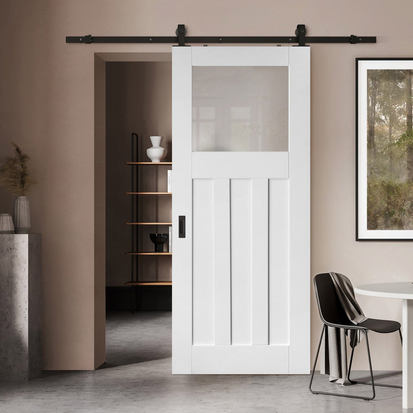 White Primed Internal 1930's DX 3 Panel 1 Light Obscure Glass Sliding Door - Black Top Mounted (120689)