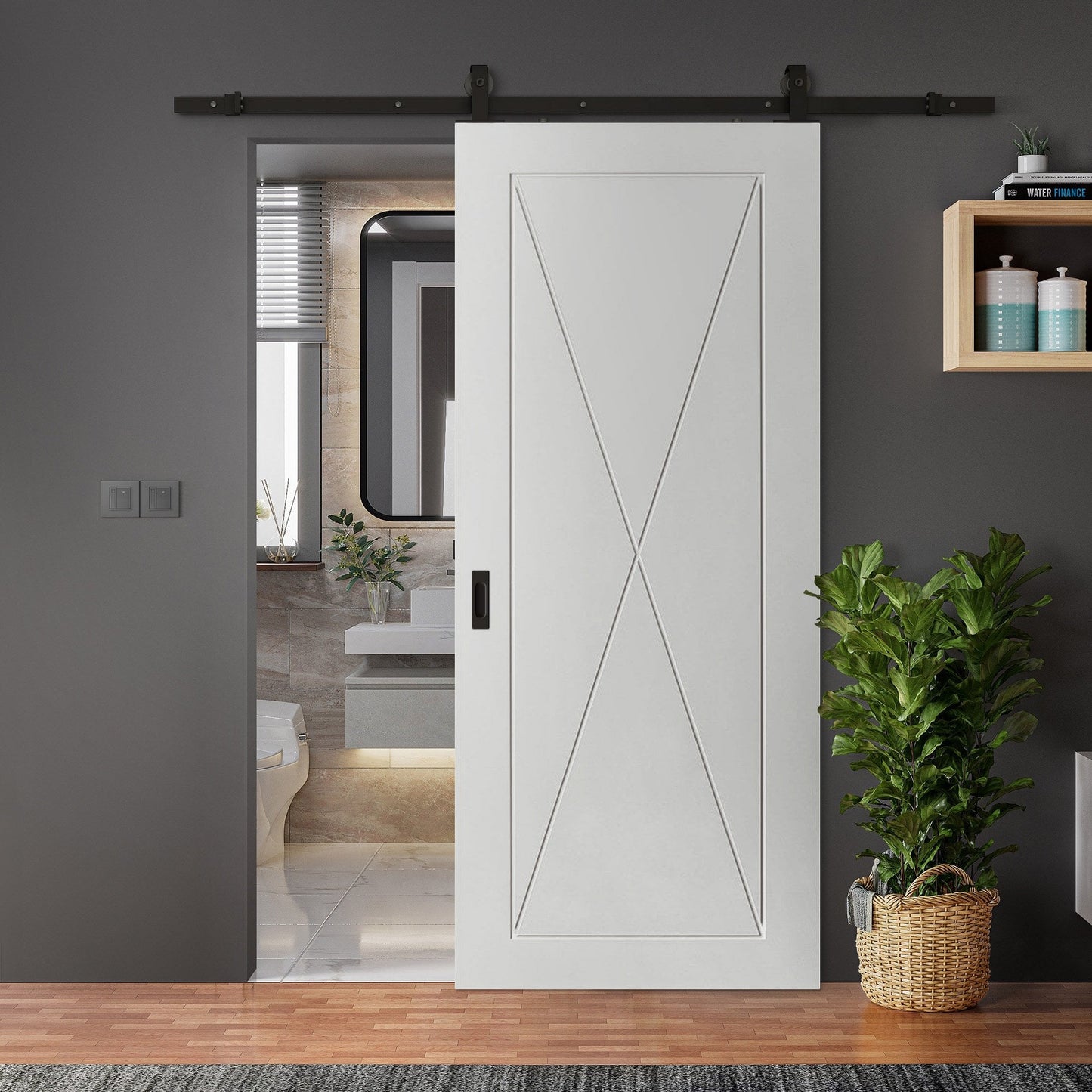 White Primed Internal Alexa 4 Panel Sliding Door - Black Top Mounted (120692)