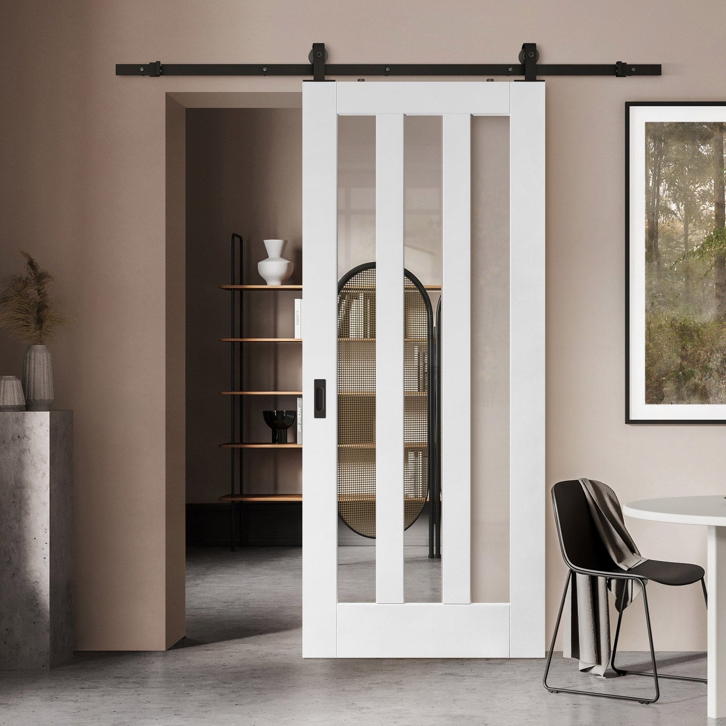 White Primed Internal Ashton 3 Light Clear Glass Sliding Door - Black Top Mounted (120693)