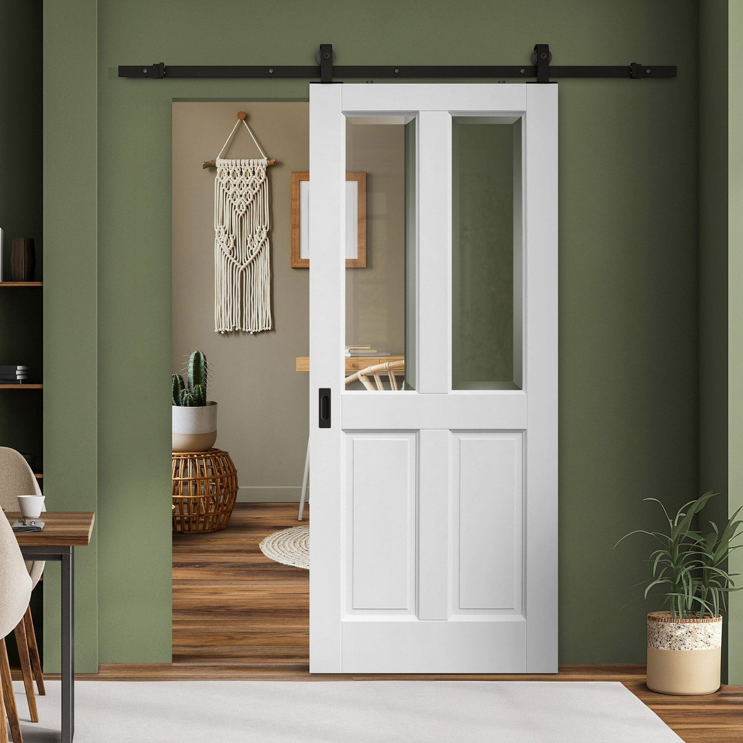 White Primed Internal Berkeley 4 Panel 2 Light with Clear Bevelled Glass Sliding Door - Black Top Mounted (120698)