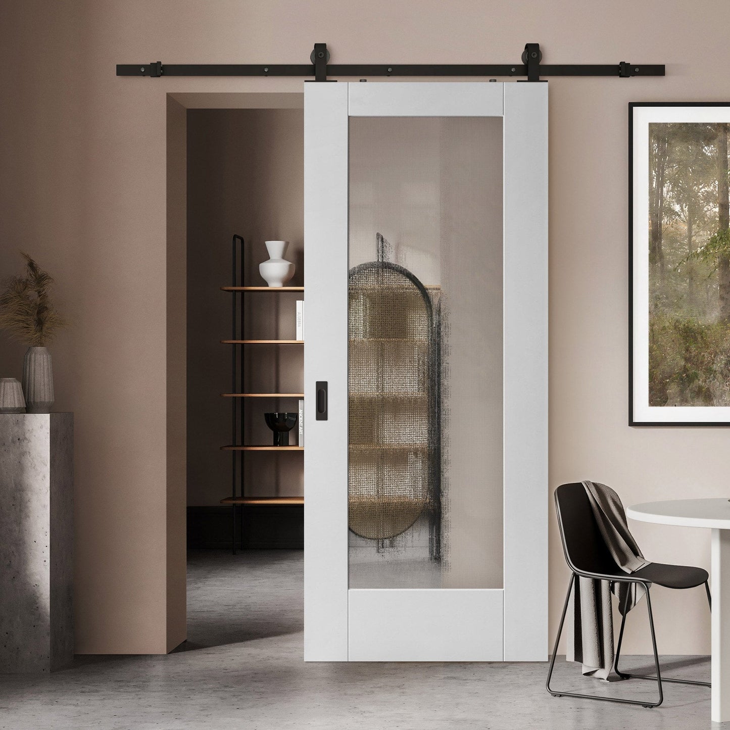 White Primed Internal Pattern 10 Ocean Glass Sliding Door - Black Top Mounted (120742)