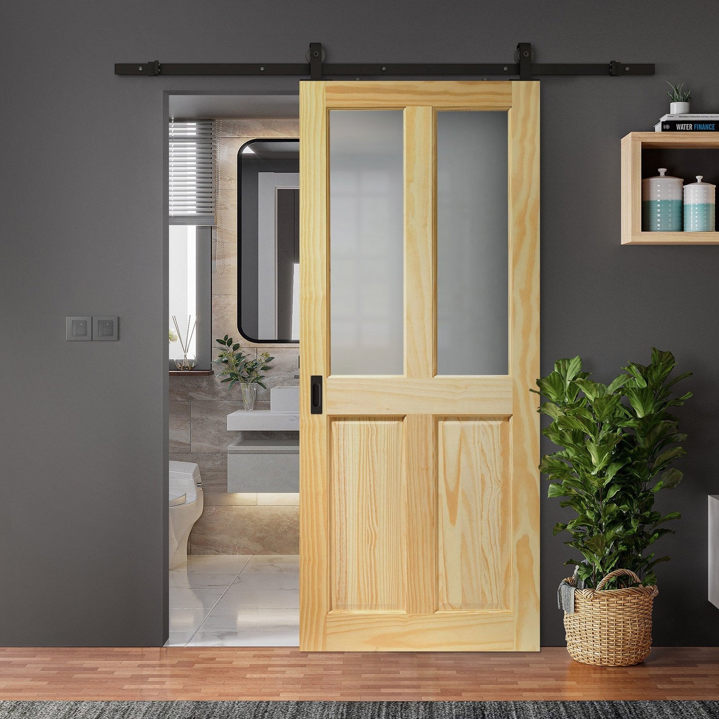 Clear Pine Internal Unfinished 2 Panel 2 Light Obscure Glass Sliding Door - Black Top Mounted (120755)