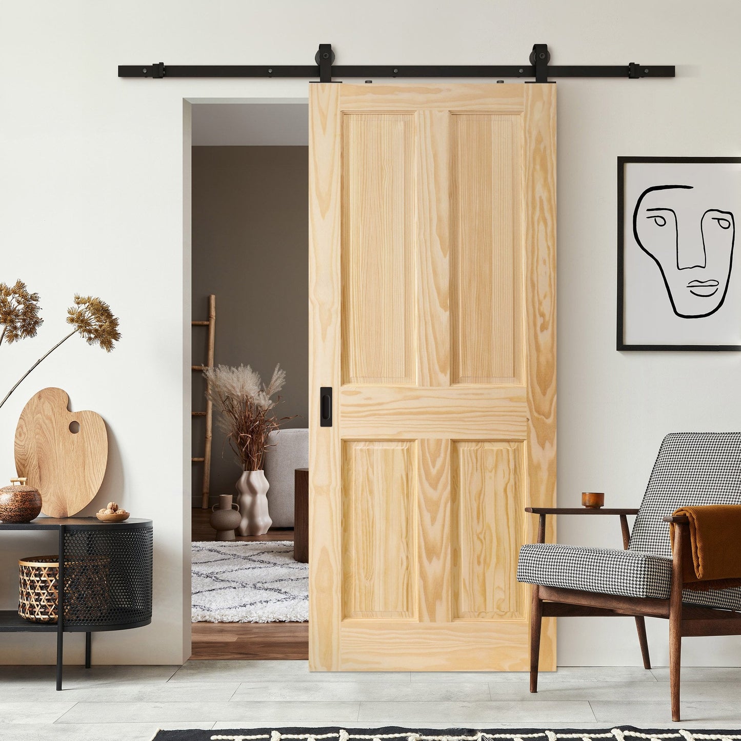 Clear Pine Internal Unfinished Malton 4 Panel Sliding Door - Black Top Mounted (120757)