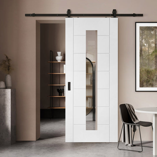 White Primed Internal Pedrena 7 Panel 1 Light Clear Glass Sliding Door - Black Top Mounted (120758)