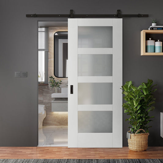 White Primed Internal Shaker 4 Light Obscure Glass Sliding Door - Black Top Mounted (120760)