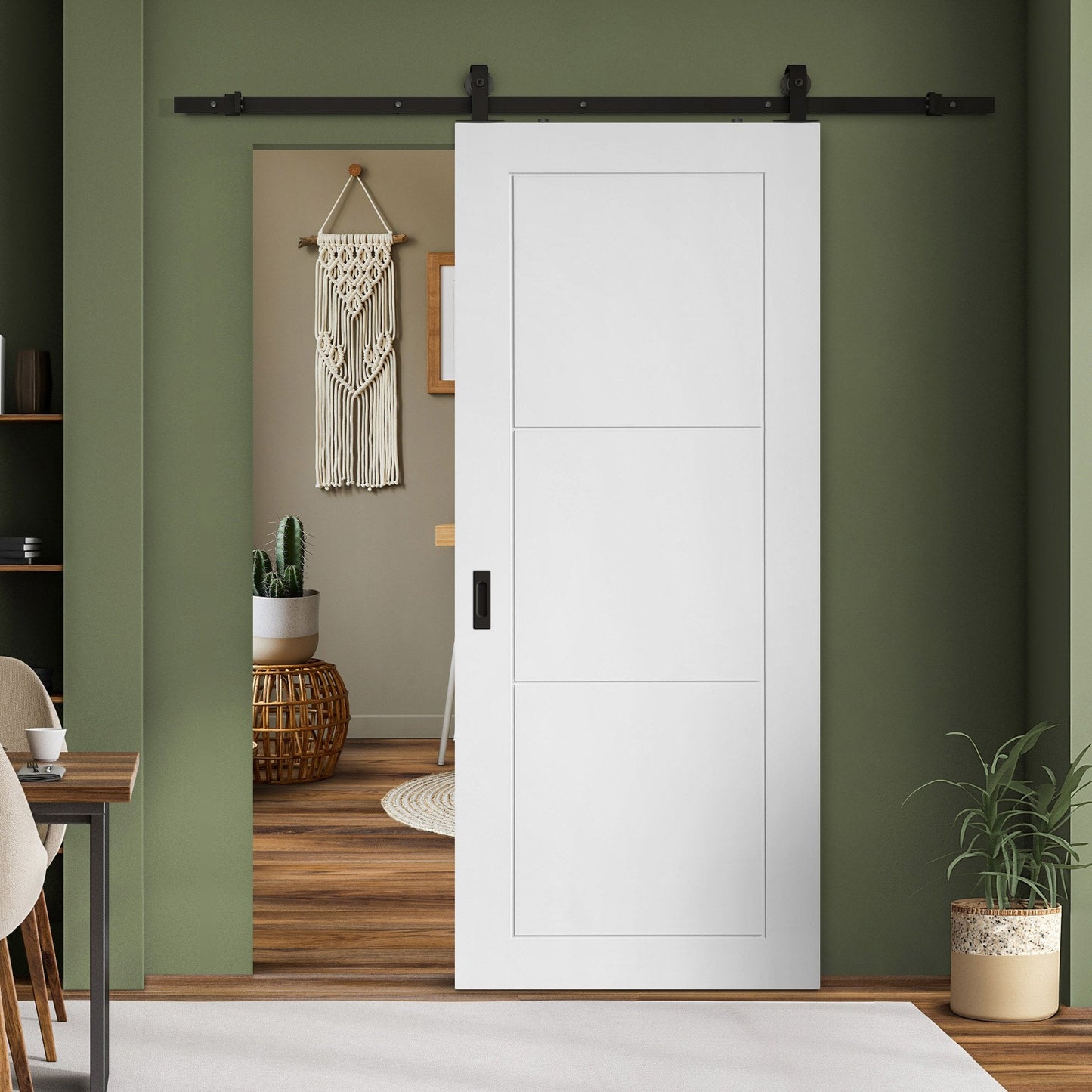 White Primed Internal Temple 3 Panel Sliding Door - Black Top Mounted (120762)