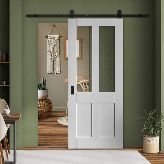 White Primed Internal Victorian 2 Panel 2 Light Clear Glass Sliding Door - Black Top Mounted (120768)