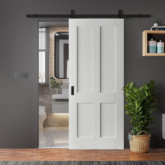 White Primed Internal Victorian Shaker 4 Panel Sliding Door - Black Top Mounted (120770)