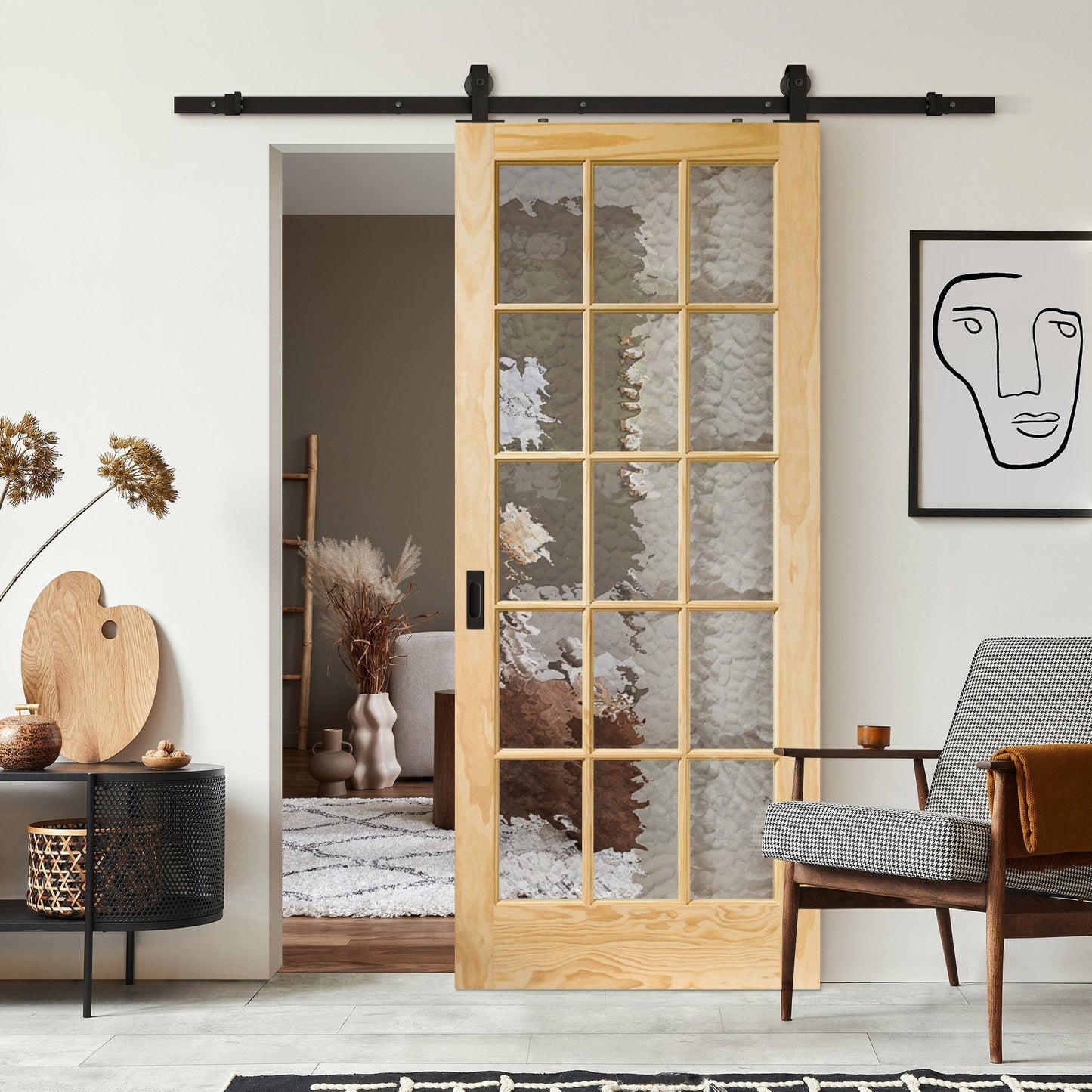 Clear Pine Internal Unfinished SA 15 Flemish Glass Door Sliding Door - Black Top Mounted (120789)