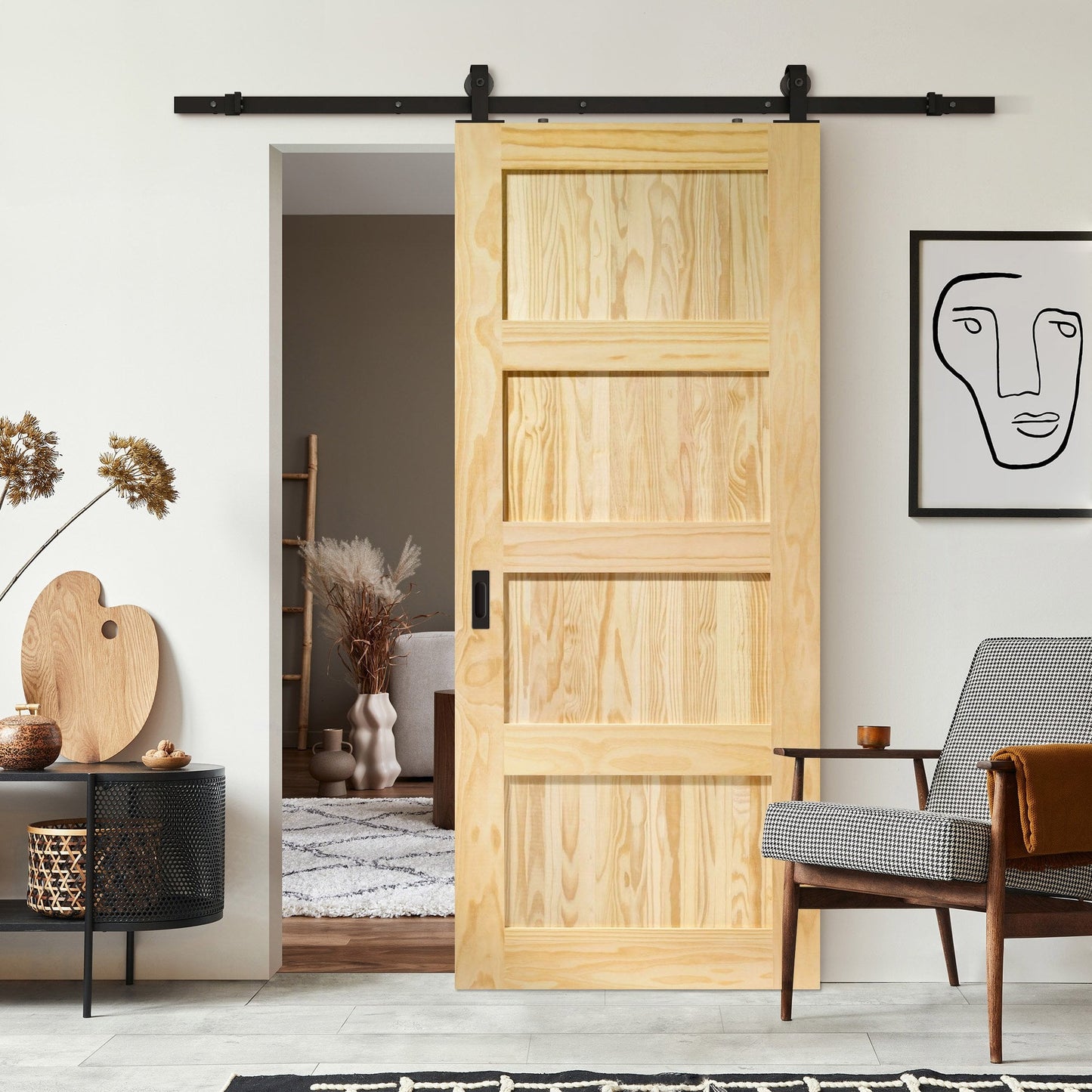 Clear Pine Internal Unfinished Shaker 4 Panel Sliding Door - Black Top Mounted (120792)