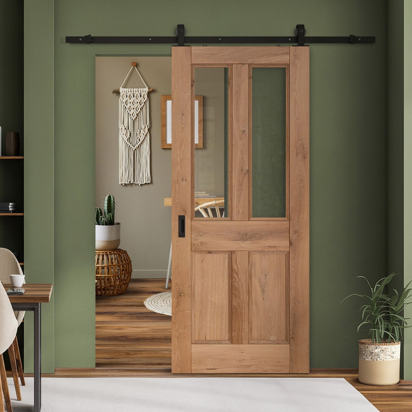 Rustic Oak Fully Finished Internal Malton 4 Panel Clear Glazed Sliding Door - Black Top Mounted (120795)