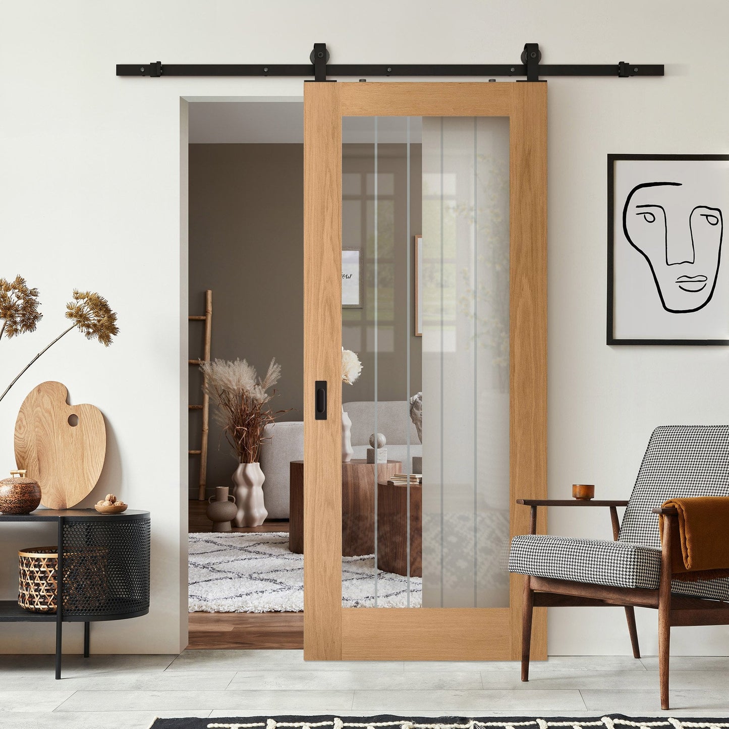 Oak Internal Fully Finished Farley 1 Light Obscure Lined Clear Glass Sliding Door - Black Top Mounted (120809)