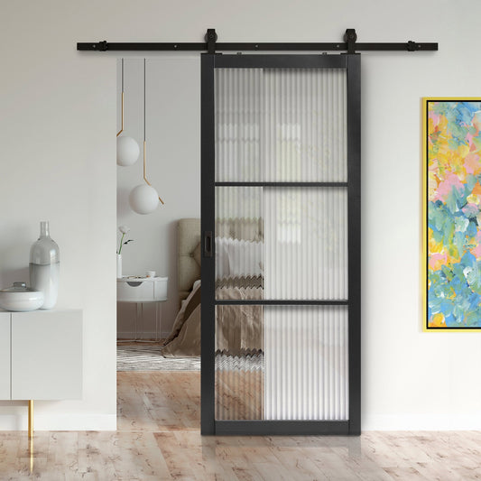 Graphite Black Internal Primed Industrial Studio 3 Light Reeded Glass Sliding Door - Black Top Mounted (120734)