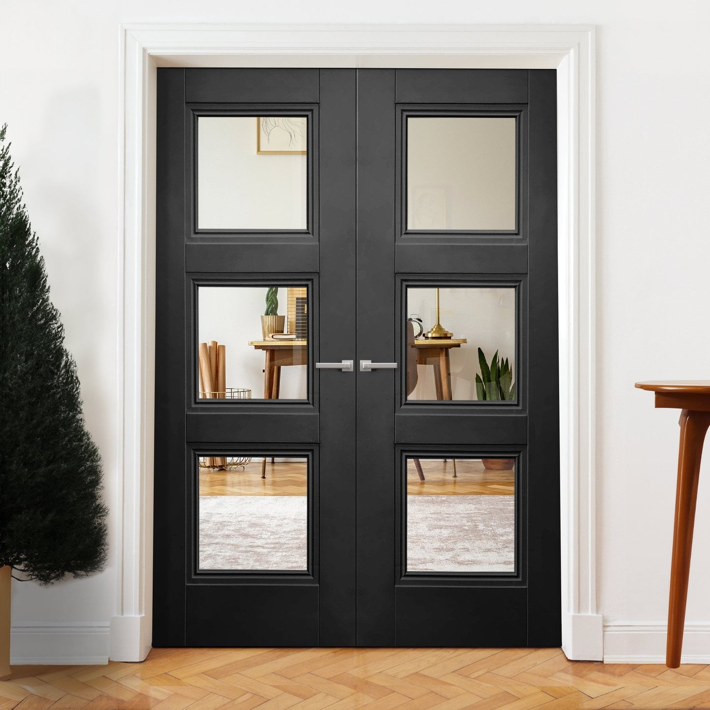 Internal Black Primed Ripley 3 Light Clear Glass Pair Door (121333)