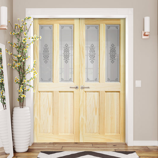 Internal Clear Pine Unfinished 2 Panel 2 Light Campion Glass Pair Door (121335)