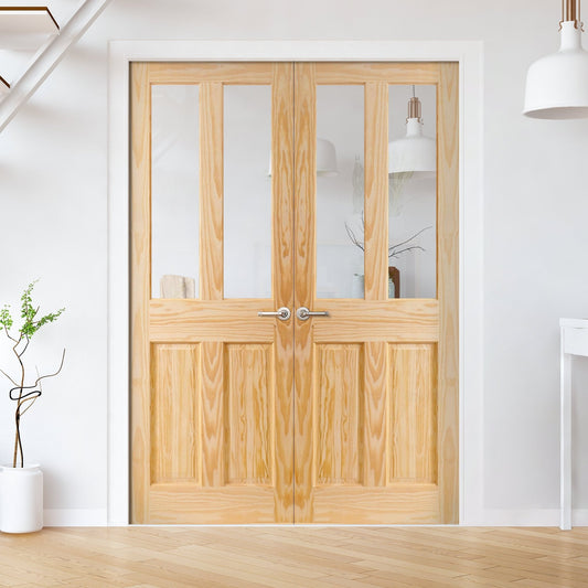 Internal Clear Pine Unfinished 2 Panel 2 Light Clear Glass Pair Door (121336)