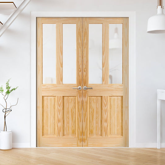 Internal Clear Pine Unfinished 2 Panel 2 Light Obscure Glass Pair Door (121337)