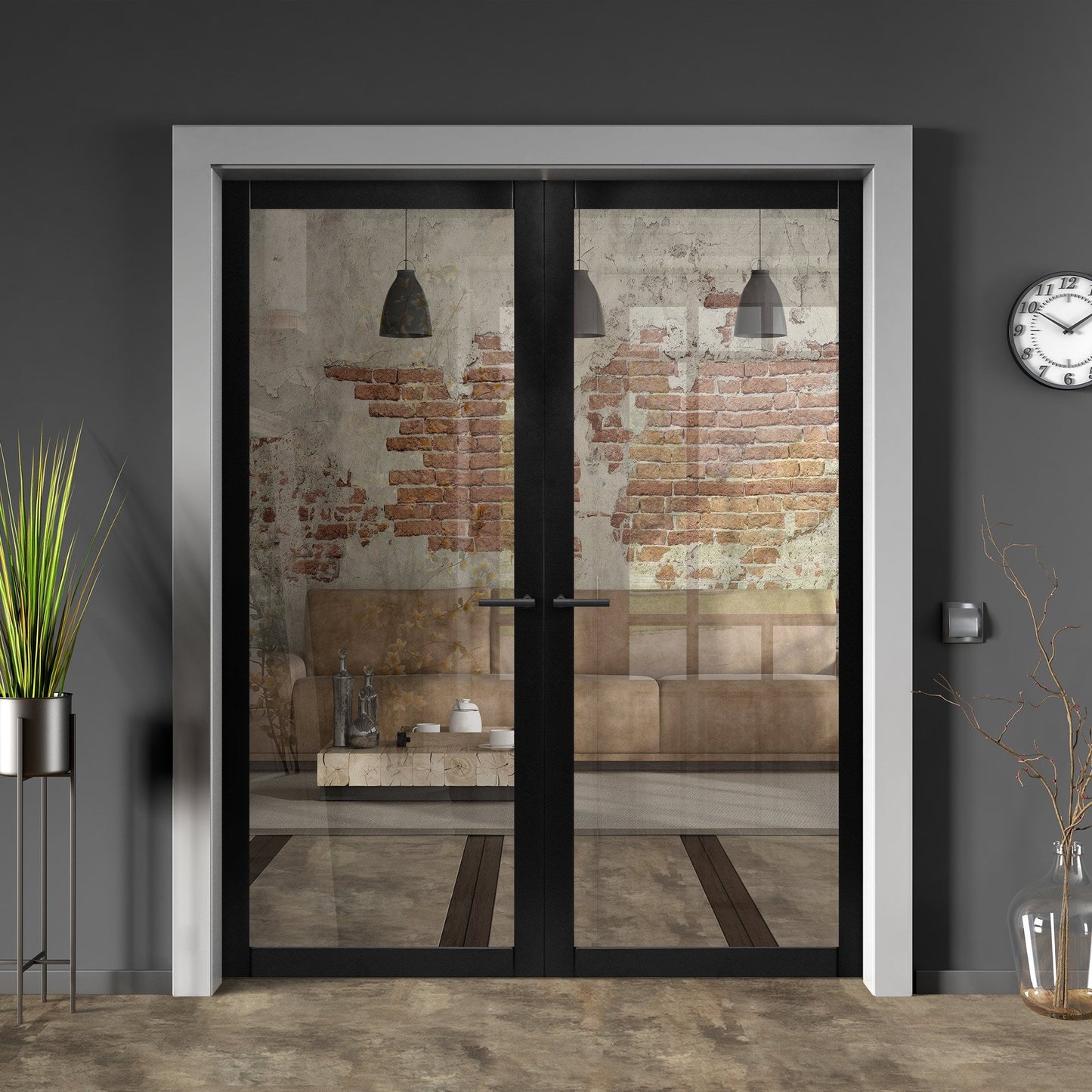 Black Internal Fully Finished Industrial Studio 1 Light Clear Glass Pair Door (121346)