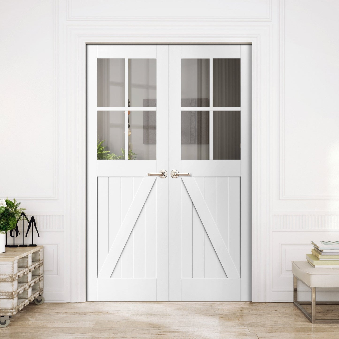 Internal White Primed Barn 4 Light Glazed FLB Pair Door (121402)